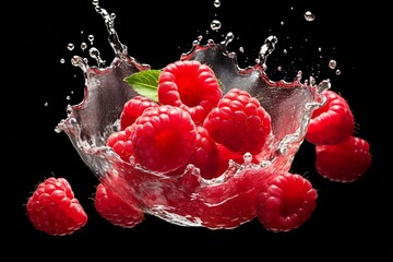 Poster - Generative AI : Fresh raspberry in water splash isolated on white background.