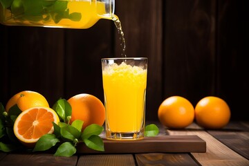 Poster - Generative AI : Fresh Orange Juice Being Poured into a Glass.
