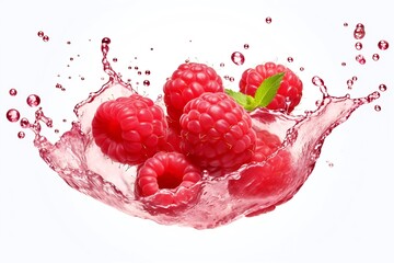 Poster - Generative AI : Fresh raspberry in water splash isolated on white background.