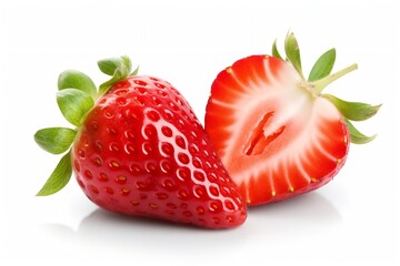 Poster - Generative AI : Juicy Strawberry with half sliced isolated on white background.