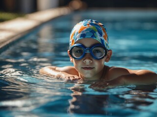 Boy in the pool with swimming goggles. AI Generative