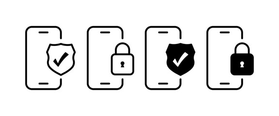 Poster - Phone protection icons. Outline, black, shield with a checkmark, lock on the phone screen, phone protection icons. Vector icons