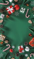 Christmas decoration with gift box and copy space on green background. 3D Rendering, 3D Illustration