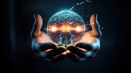 Wall Mural - Hands holding an artificial intelligence brain, AI generative