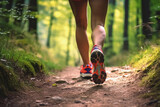 Fototapeta  - Female Jogger's Running Shoes on Dirt Path, Close-Up of Active Lifestyle in Nature. Generative Ai.