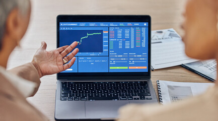 Poster - Hand, laptop and chart on screen for crypto, finance or investment for teamwork, analysis or review. Business people, computer and graph in trading, fintech app or stock market with investment growth