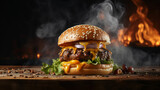 Fototapeta  - hamburger with cheddar cream and fresh and tasty brioche bun on smoke and dark wooden table. Made with generative ai