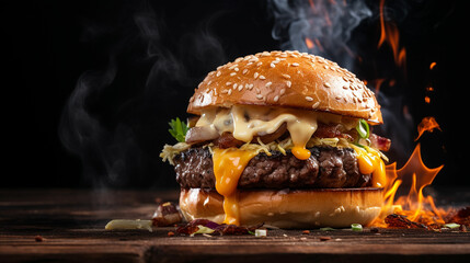 Wall Mural - hamburger with cheddar cream and fresh and tasty brioche bun on smoke and dark wooden table. Made with generative ai