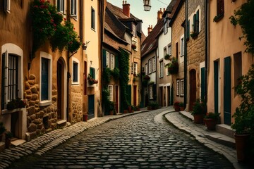  A small European village with gorgeous homes lining a cobblestone roadway.