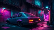 AI Generated Illustration Of A Car At Night In An Alleyway With Graffiti Art Painted On The Walls