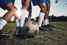 Closeup, Ball And Soccer With Men, Game And Fitness With Sports, Competition And Workout Goals. Zoom, Football And Athletes With Energy, Exercise And Training For A Match, Action And Tackle Challenge