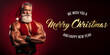 Muscular bodybuilder Santa Claus with a thick white beard, wearing a red sleeveless outfit, with his arms crossed confidently. Merry Christmas and Happy New Year text on right. Generative Ai