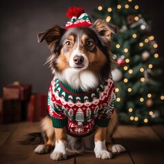 Wall Mural - cute little dog wearing an ugly christmas sweater - portrait photo