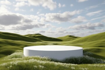 Wall Mural - Abstract 3d render platform natural background, White podium on the grass field backdrop cloud and sky for product stand display advertising, cosmetic or etc. generative ai.