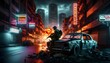 A soldier crouches behind an abandoned car on a desolate urban street, with a fiery explosion in the background and neon signs reflecting off wet pavement.