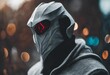 AI generated illustration of a futuristic robot with a helmet and red eyes in a gray hoodie