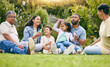 © Charlize D/peopleimages.com - Nature picnic, bubbles and happy family relax, smile or kids enjoy toys, outdoor time together and garden fun. Natural spring freedom, park games or bonding grandparents, parents and children playing