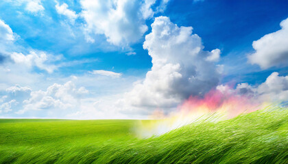 Wall Mural - Green grass and blue sky with white clouds