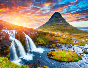 Wall Mural - Dramatic view on Kirkjufellsfoss waterfall near Kirkjufell mountain at sunset