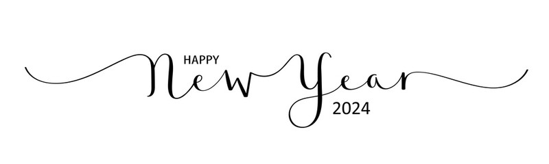 Wall Mural - HAPPY NEW YEAR 2024 black vector brush calligraphy banner with swashes on white background