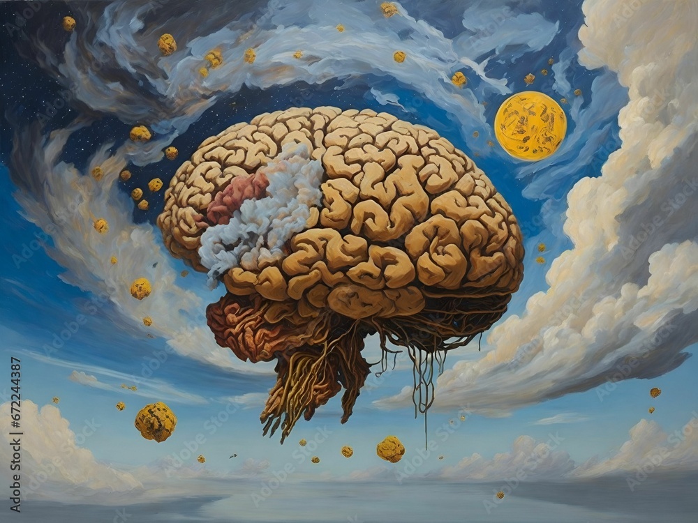 AI generated illustration of a human brain floating in the sky among ...