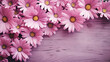 a bunch of pink daisies on a wooden surface with a purple background.  generative ai
