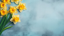  Yellow Daffodils On A Blue Background With Space For Text.  Generative Ai