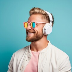 Wall Mural - Portrait of a white male wearing headphone and sunglasses with Delighted expression against pastel background with space for text, background image, AI generated