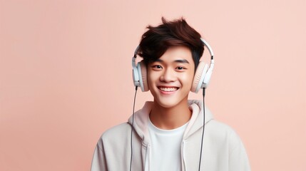 Wall Mural - Portrait of an asian teenager male wearing headphone and hat with Delighted expression against pastel background with space for text, background image, AI generated