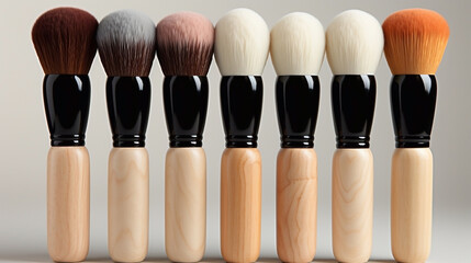 Poster - Illustration of seven make-up brushes in a pile of powder on a black background. Beauty facial products, cosmetics. Wallpaper.