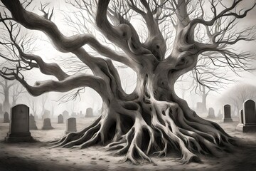 Sticker - A detailed pencil sketch of an old, weathered tree in a forgotten graveyard