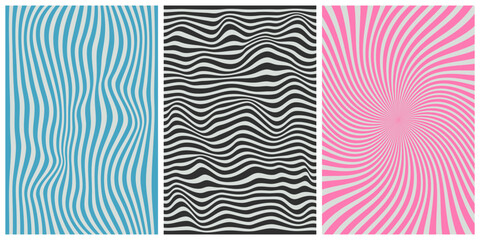 Groovy old vintage hippie backgrounds with waves, swirls, and twirls in a trendy retro psychedelic style. Twisted and distorted vector texture. Fit for banner, cover, or poster design