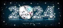 New Year 2024 Luxury Big Diamond Gemstone Numbers. Black Background With Blue Glow, 3d Realistic Vector Illustration.