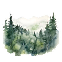 Green Mountains With Forest Trees In Fog. Hand Drawn Watercolor Misty Lake And Woods Landscape. Green Watercolor Landscape With Lake And Pine Trees.