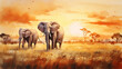Two elephants in the savanna watercolor painting