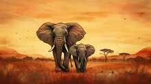 Two Elephants In The Savanna Watercolor Painting