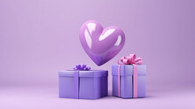  A Purple Heart Shaped Balloon Next To Two Purple Boxes With A Purple Bow.  Generative Ai