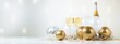 Glam New Years Eve celebration white and gold background with balloons, disco balls, confetti and champagne glasses with copy space