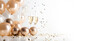 © irissca - Glam New Years Eve celebration white and gold background with balloons, disco balls, confetti and champagne glasses with copy space