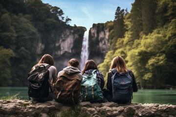 Close-Up: Backpack-Wearing Tourist Group Gazing at Spring Waterfall