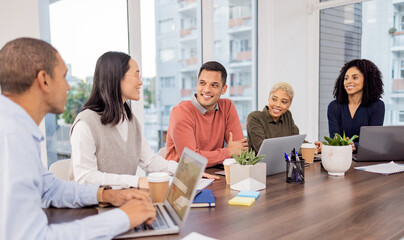 Aufkleber - Team work, collaboration or happy business people in meeting planning a group or startup project. Laptop, mission or employees in collaboration for our vision, sales strategy or digital agency goals