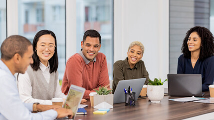 Poster - Digital marketing, team work or happy business people in meeting planning a group or startup project. Laptop, mission or employees in collaboration for our vision, sales strategy or ecommerce goals