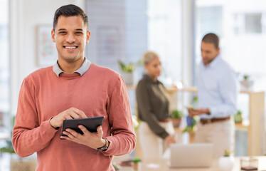 Aufkleber - Portrait of business man on tablet for office management, online market research and startup company leadership. Professional manager, employee or person face for goals, networking or career workflow