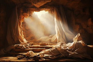 Wall Mural - Resurrection of Jesus Christ, empty grave tomb with shroud, bible story of Easter, crucifixion at sunrise