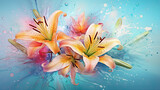 Fototapeta Kwiaty -  a bunch of flowers with water splashing on them on a blue background.  generative ai