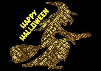  Digital illustration of a word cloud design of a witch for Halloween
