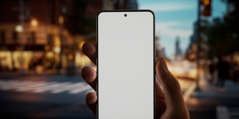 CU Caucasian male using his phone in the street, evening, blank screen mockup