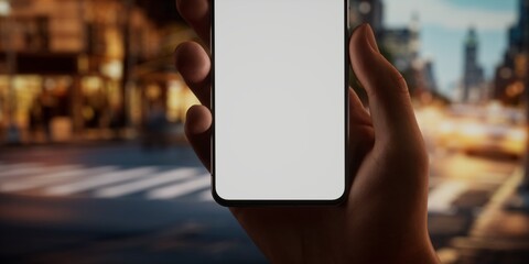 CU Caucasian male using his phone in the street, evening, blank screen mockup