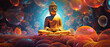 glowing golden buddha in the colorful light of chakra