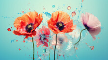  Three Red And Pink Flowers With Water Splashing On Them.  Generative Ai